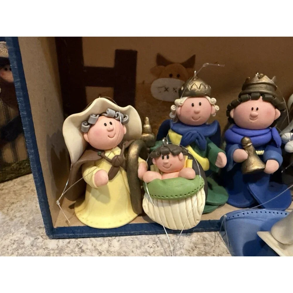 Handmade Nativity Ornament Set 7pc w/ Felt Stable Boxes Wise Men Mary BAF 2004